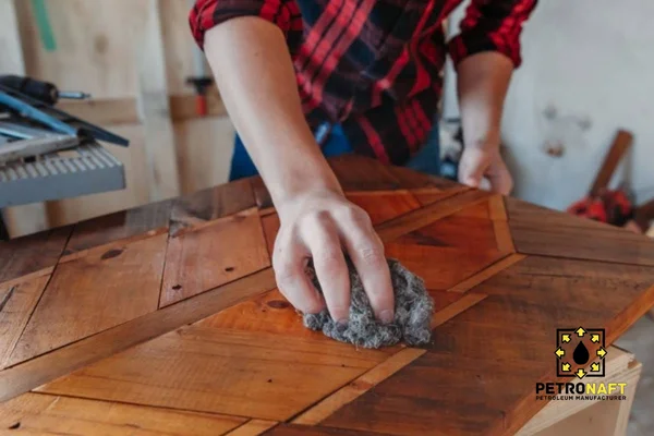 A man polishing a table, slack wax is used to make polish.