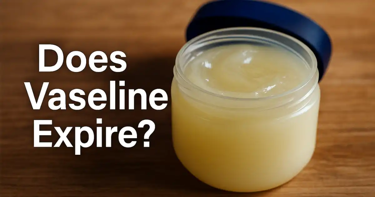 Photorealistic close-up of an open jar of petroleum jelly with headline text asking Does Vaseline Expire on a wooden surface.