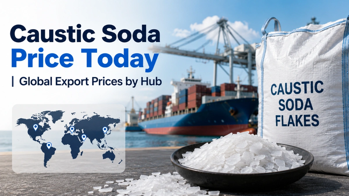 Caustic soda flakes with export hub map, container ship and port cranes in the background