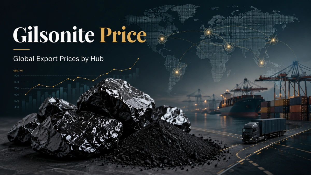 PETRO NAFT 9 Gilsonite lumps and powder with a global export hub map, price chart, cargo ship, containers, and freight truck.