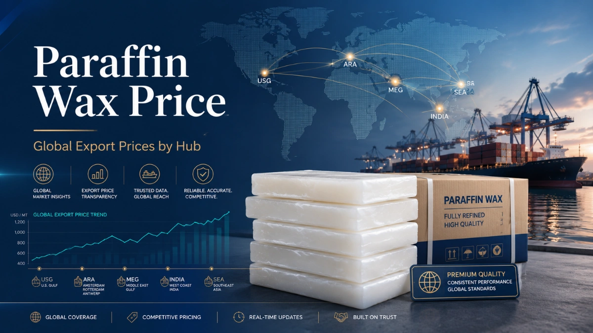 PETRO NAFT 7 Paraffin wax price report banner showing stacked fully refined wax slabs, export packaging, a cargo port, global trade routes, and a rising price chart.