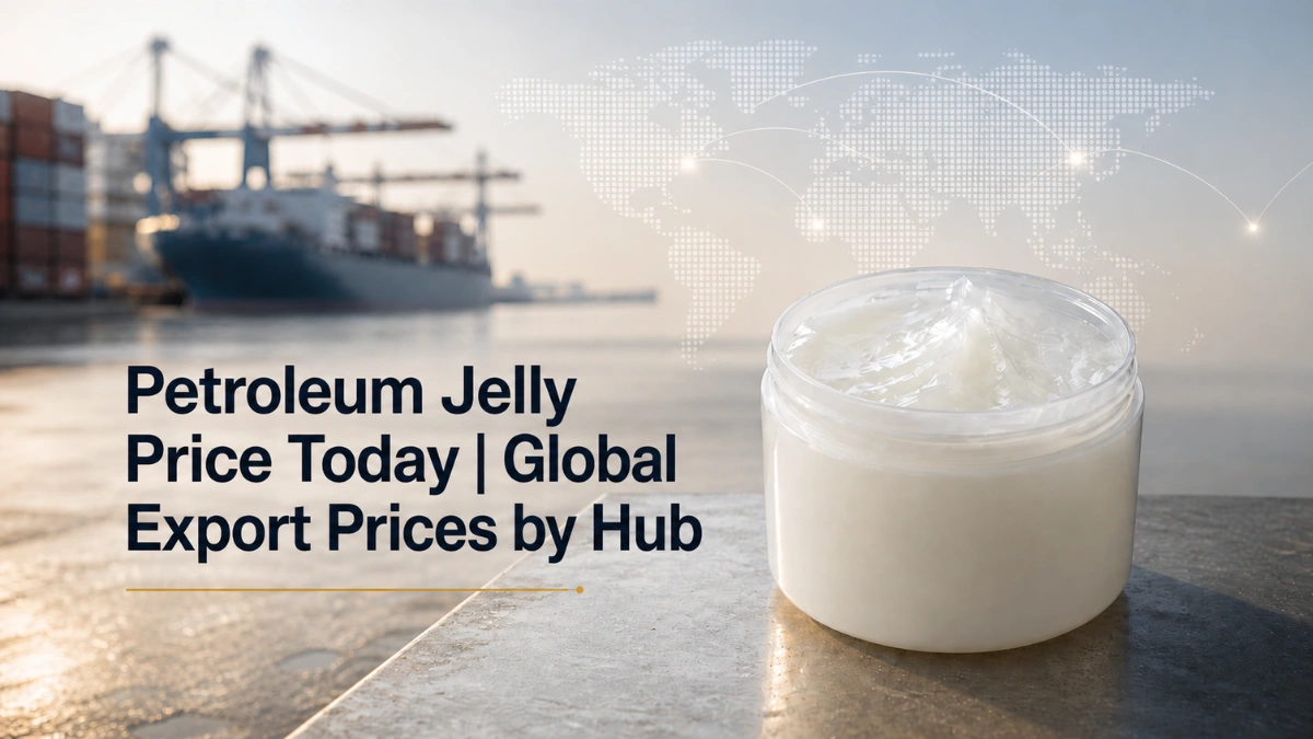 Open white petroleum jelly jar with global map and port background for a Petroleum Jelly price report