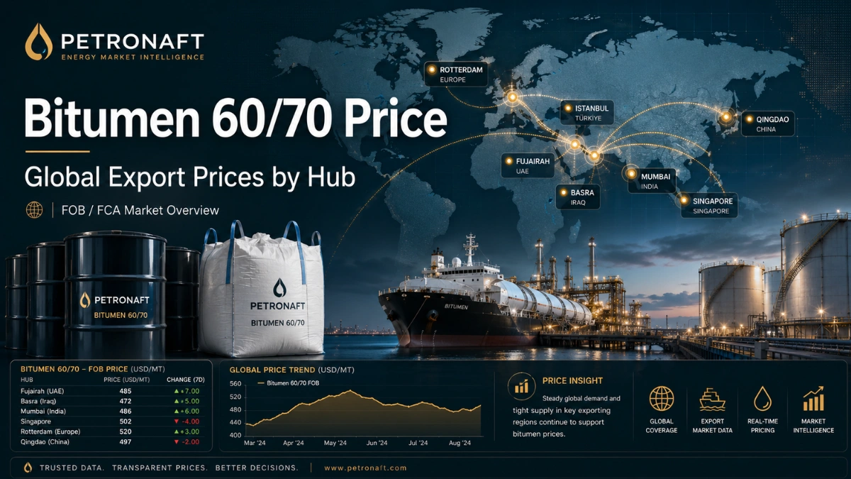 PETRO NAFT 11 Bitumen 60/70 global export price dashboard with hub map, packaging, tanker and market trend chart