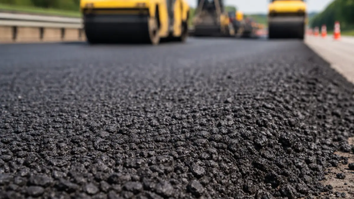 PETRONAFT 8 Fresh asphalt pavement being laid and compacted, illustrating asphalt binder use in road construction