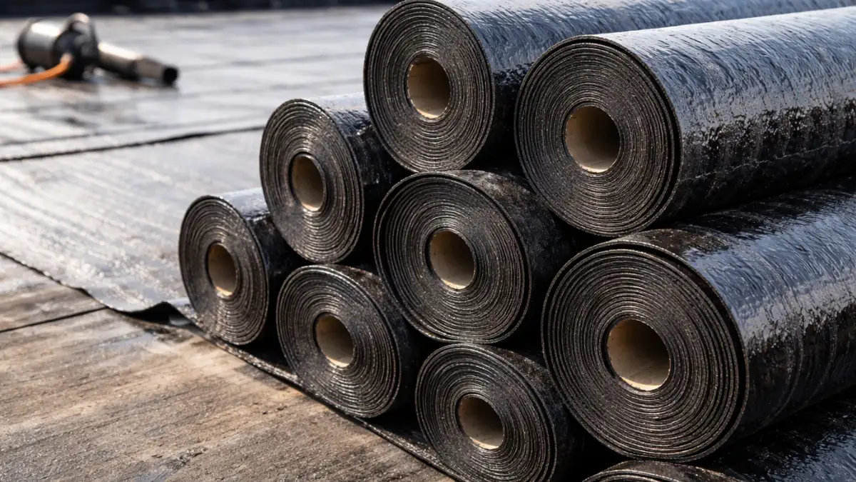 PETRONAFT 9 Rolls of bitumen roofing material stacked on a flat roof, used as a protective layer in insulation systems