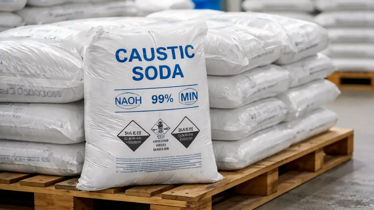 PETRONAFT 6 Palletized bags of caustic soda stored in a warehouse for industrial bulk supply
