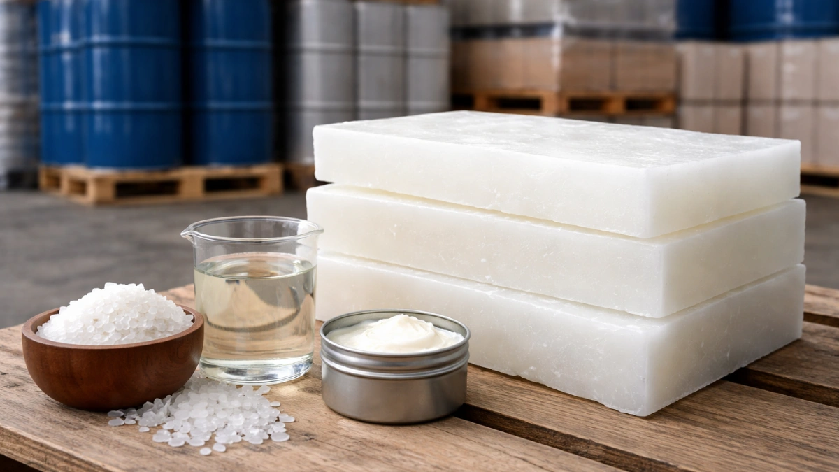 PETRONAFT 10 Stacked solid paraffin wax slabs with pellets, liquid paraffin, and cream form illustrating different paraffin types and forms