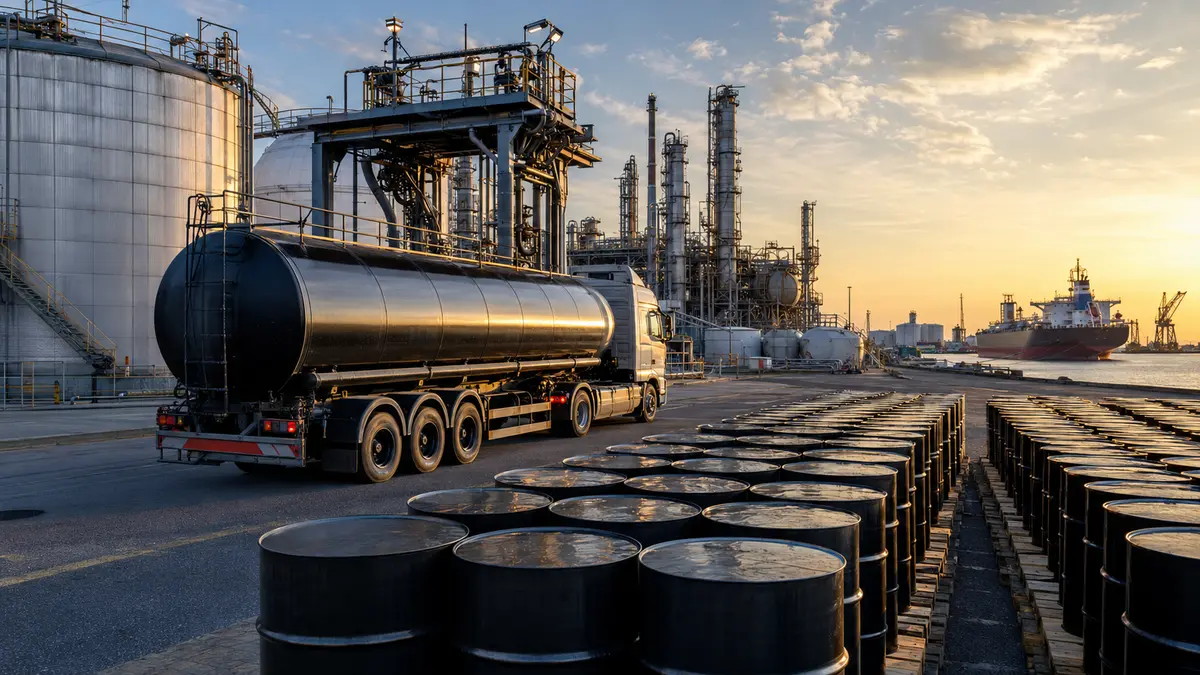 PETRO NAFT 6 Bitumen 60/70 tanker, steel drums and refinery export terminal at sunrise