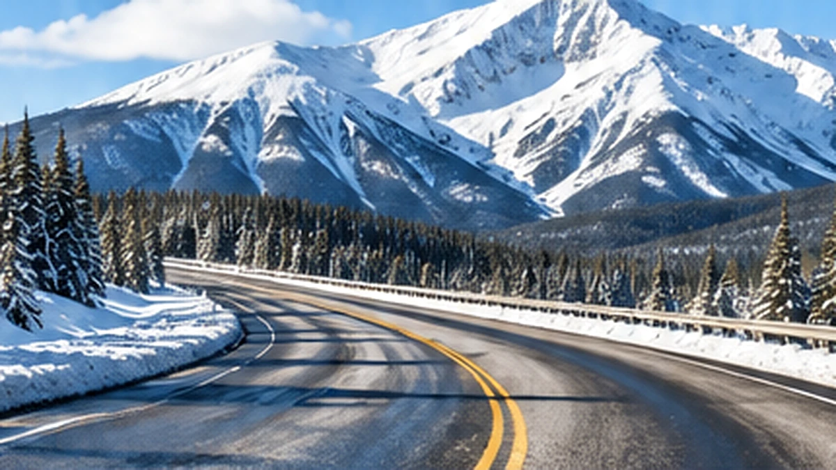 PETRO NAFT 11 Asphalt highway through a snow-covered mountain region illustrating cold-climate pavement conditions