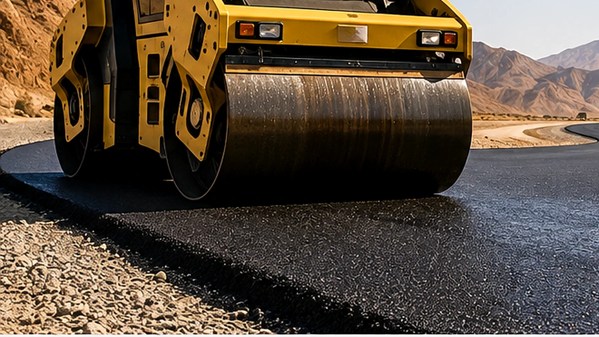 PETRO NAFT 6 Fresh asphalt pavement being compacted by a road roller in an extremely hot desert climate