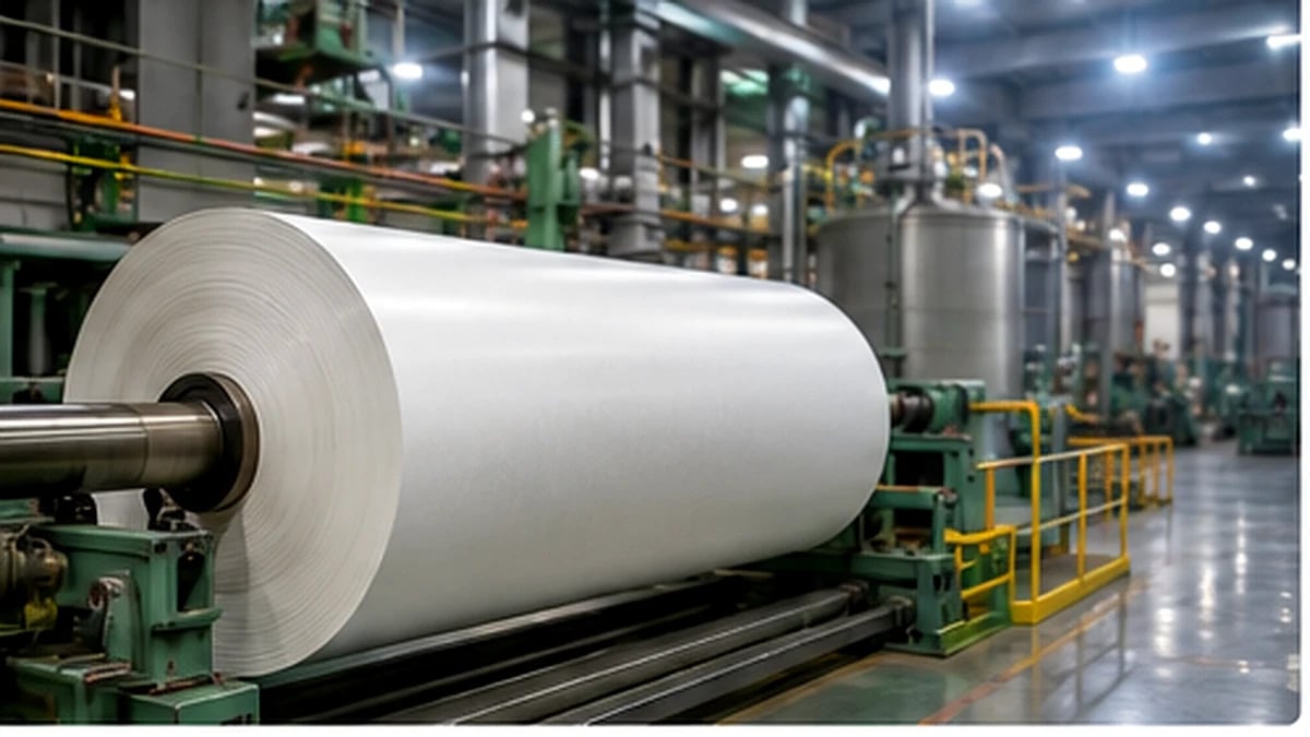Large paper roll on a modern pulp and paper production line where caustic soda is used in process chemistry