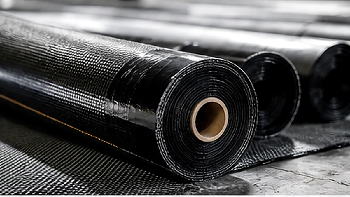 Rolls of oxidized-bitumen waterproofing membrane in an industrial production setting
