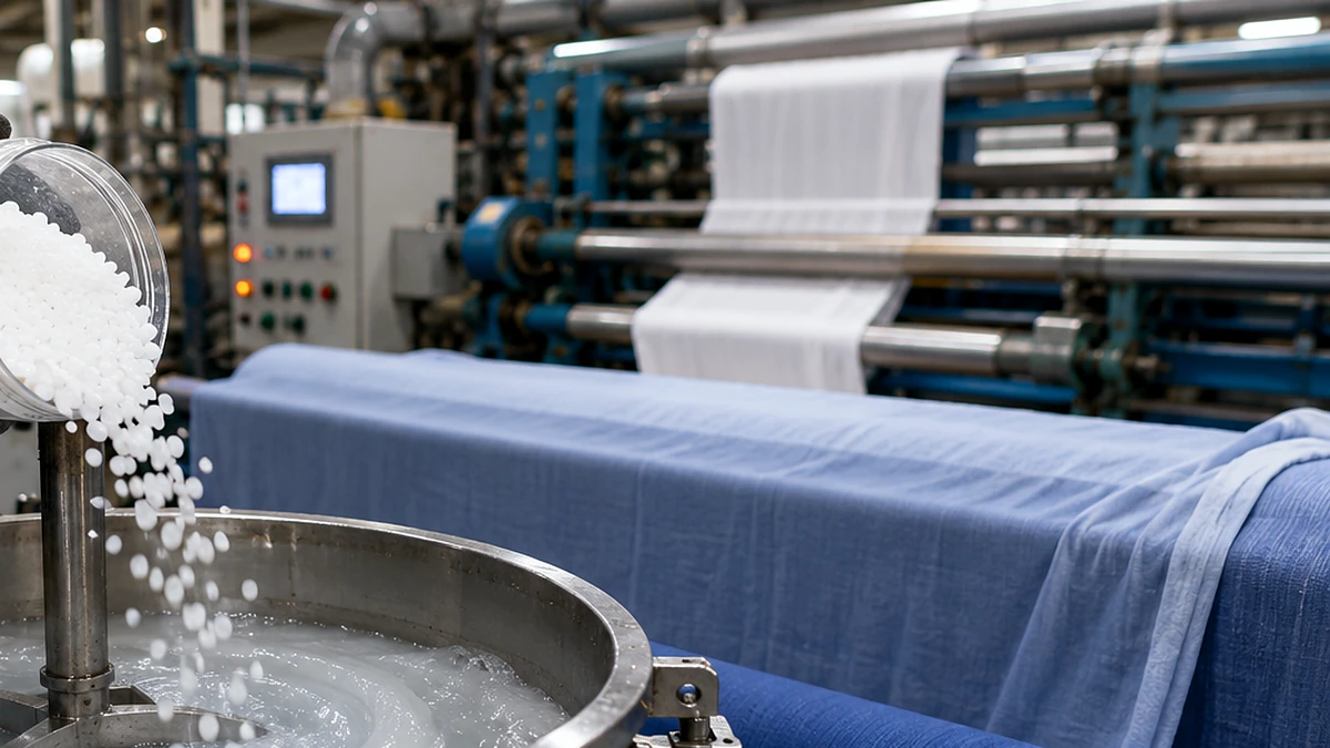 PETRO NAFT 11 White polyethylene wax pellets being added to a textile finishing mixture beside industrial fabric-processing rollers