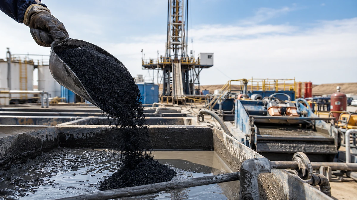Sulfonated asphalt powder being added to a drilling-fluid mixing system at an oil and gas drilling site