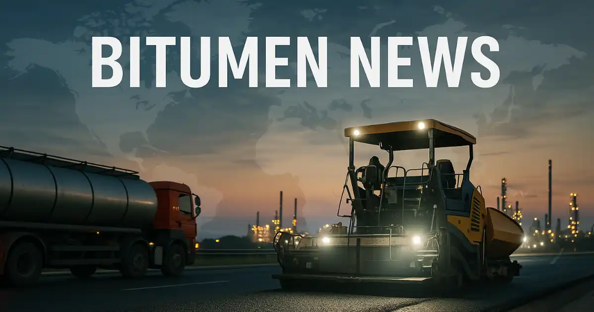 PETRONAFT 2 Photorealistic dusk scene of an asphalt paver laying fresh bitumen on a highway with a tanker truck and refinery backdrop, overlaid with the headline “Bitumen News”.