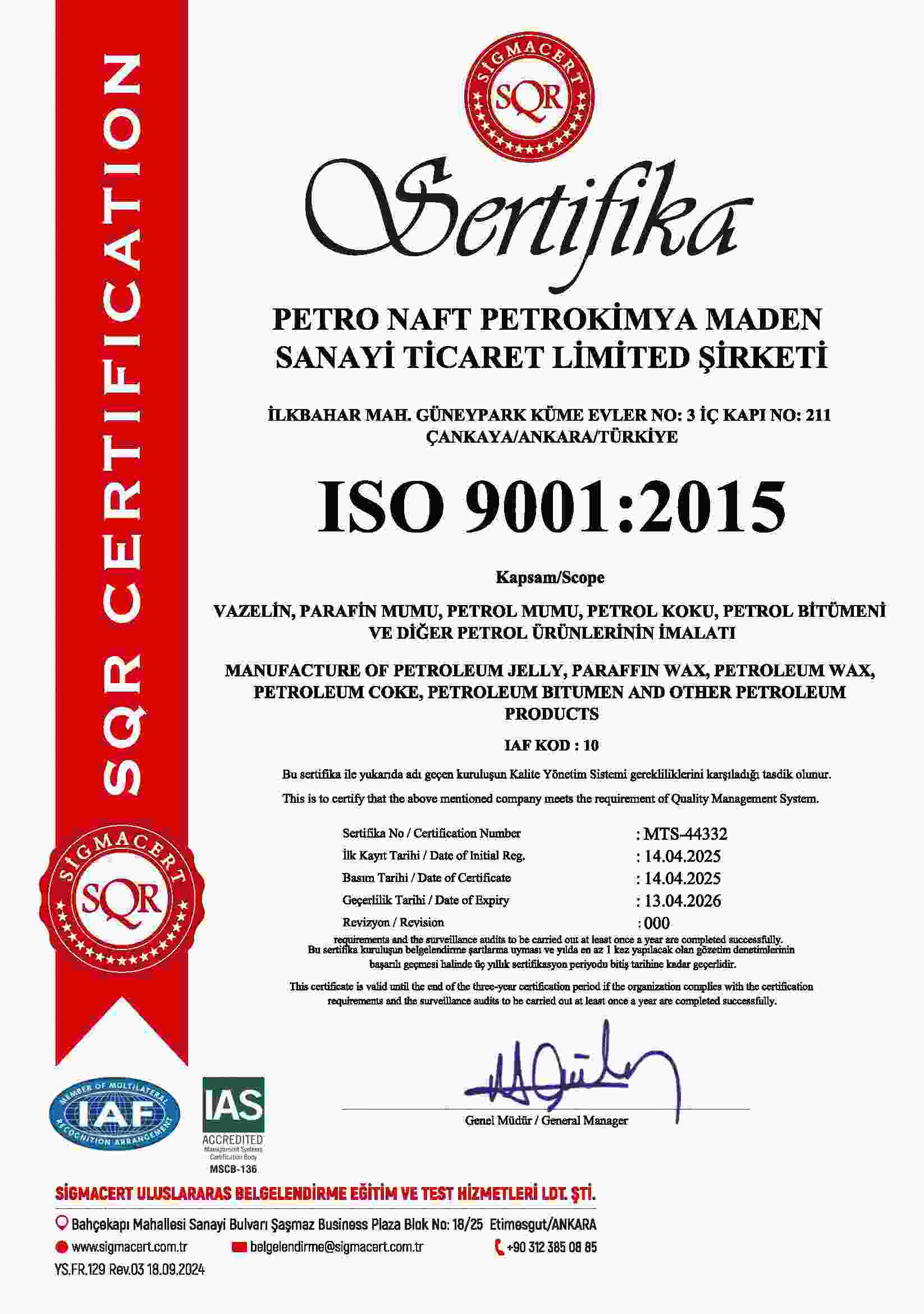 ISO 9001:2015 Quality Management Certificate – PETRO NAFT, issued by SIGMACERT and accredited by IAS (MSCB-136)
