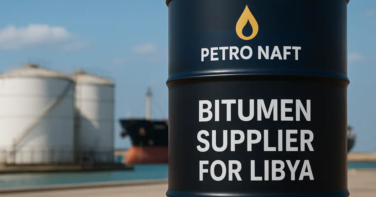 Petro Naft branded bitumen drum at a Libyan port with storage tanks and a cargo ship in the background, symbolizing a reliable supply chain for road construction.