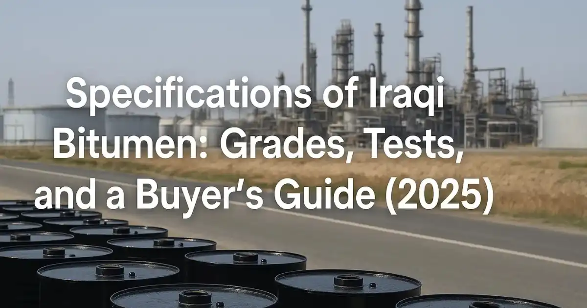Industrial refinery with stacked bitumen drums in foreground and overlaid title “Specifications of Iraqi Bitumen: Grades, Tests, and a Buyer’s Guide (2025)”