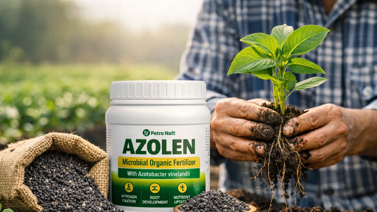 Azolen microbial organic fertilizer with Azotobacter vinelandii granules placed on soil beside a healthy seedling in a farm setting